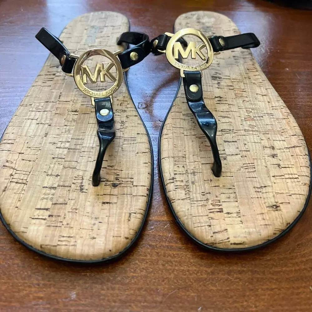 Michael Kors Signature Flip Flops With Black Straps and Gold Emblem- Womens  11